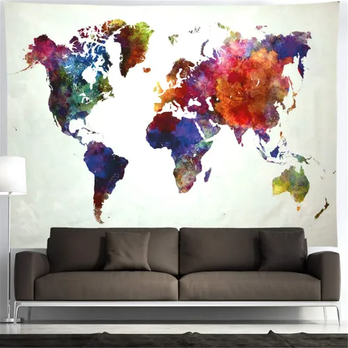 Vista 6 de Ameyahud Tapiz de mapamundi de acuarela, tapiz educativo de geografía, pintura colorida, tapiz del mundo nacional, decoración para colgar