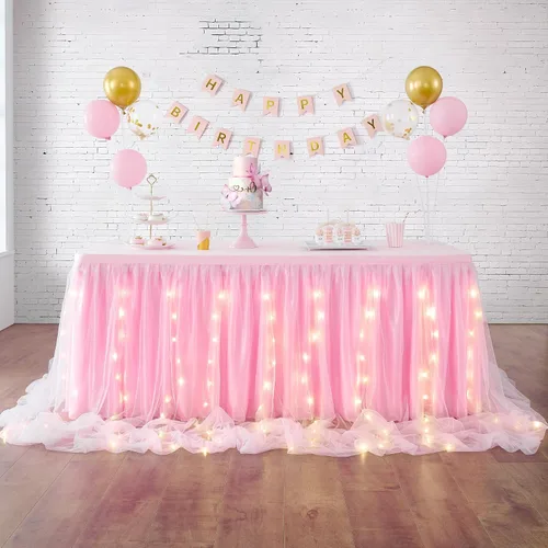 Vista 9 de Leegleri Falda de mesa de tul azul bebé con tutú y LED para baby shower, bodas, fiestas de cumpleaños - 15 pies para mesas rectangulares o redondas