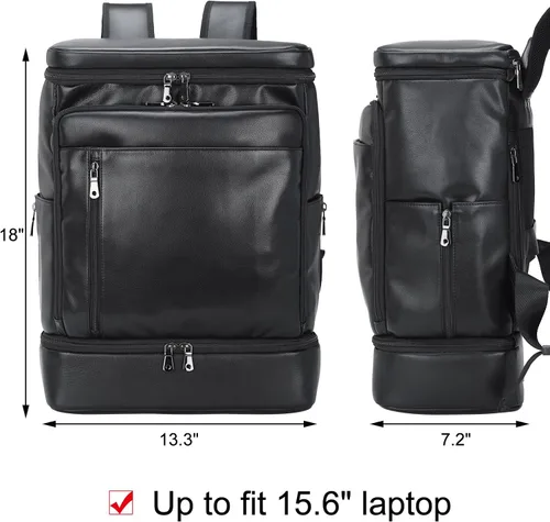 Vista 6 de TIDING Mochila de cuero genuino para hombre, bolsa de laptop de 15.6 pulgadas, mochila casual de viaje con compartimento para zapatos, Negro