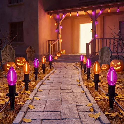 Vista 11 de Luces de estaca C7 de Halloween con calavera, 7 pies, cadena de luces de camino de Halloween con 4 bombillas C7, estaca, decoraciones de Halloween