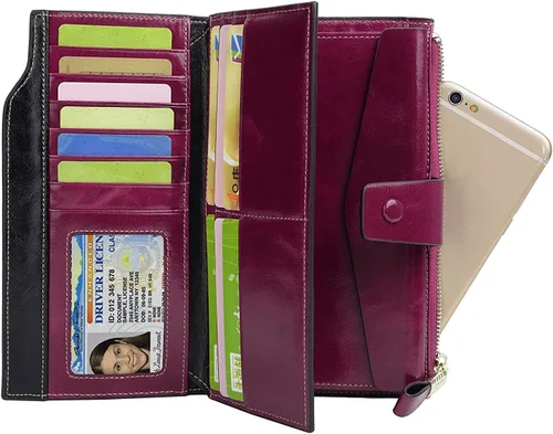 Vista 13 de Cartera plegable de cuero de gran capacidad con bloqueo RFID para mujer
