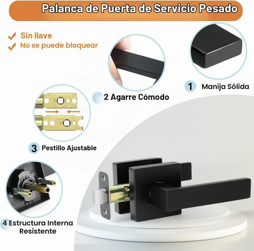 Vista 5 de AEEKEL - Juego de 2 manijas de puerta interior, color negro mate, cuadradas, sin bloqueo, para pasillo o armario, manijas de puerta resistentes sin