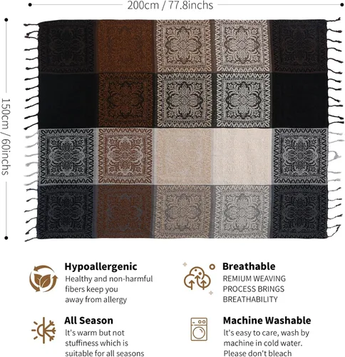 Vista 4 de Manta Boho, Manta de Chenilla Jacquard con Borlas para Cama Sofá Silla Suave, Borlas con Flecos Bohemias (Negro, S:60x75)