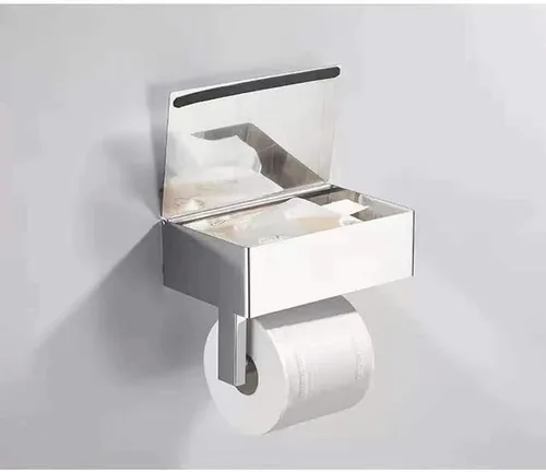 Vista 6 de Soporte de papel higiénico con estante para teléfono SUS 304 de acero inoxidable montado en la pared Soporte de rollo de papel higiénico adhesivo