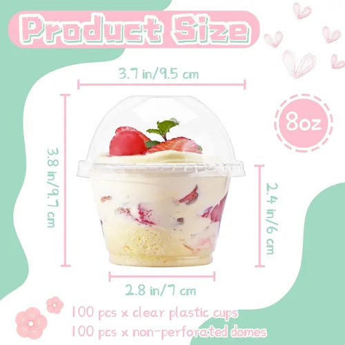 Vista 2 de Panxxsen 100 vasos de plástico transparente de 8 onzas con tapas de cúpula sin agujero, tazas de parfait desechables con tapas de cúpula, taza