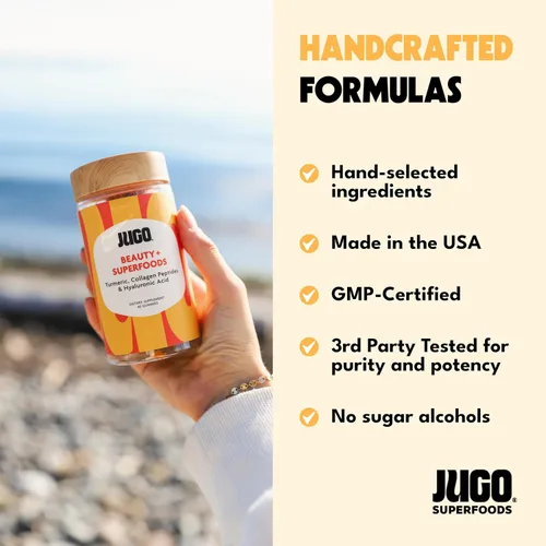 Vista 6 de JUGO Beauty + SUPERFOODS - Gomitas de colágeno para cabello, piel y uñas, suplemento de ácido hialurónico y cúrcuma, sin crueldad, sin gelatina