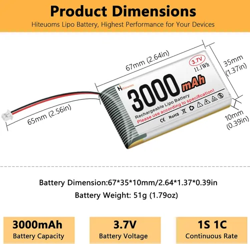 Vista 2 de Batería recargable de 3.7V 3000mAh 1S 1C LiPo Batería para ESP32, Raspberry Pi, IoT, altavoz y dispositivo inalámbrico con placa de protección