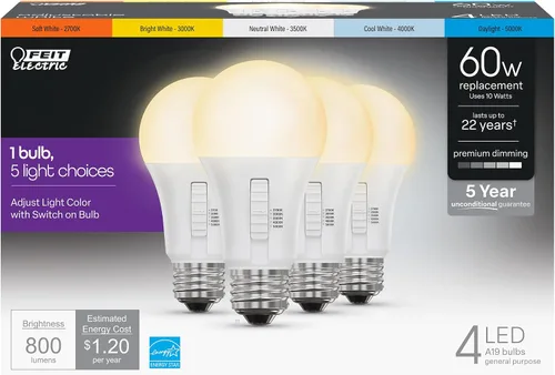 Vista 14 de Bombilla LED A19 de Feit Electric, equivalente a 100 W, no regulable, 5CCT, base media E26, CRI 90, 1500 lúmenes, blanco ajustable, vida útil