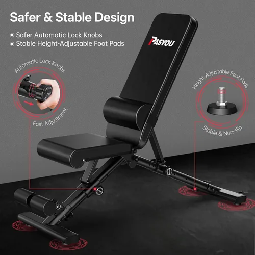 Vista 4 de PASYOU Adjustable Weight Bench, 660LB Foldable Workout Bench for Home Gym, Incline Flat Bench Press for Full Body Workout, Dual-Frame Strength