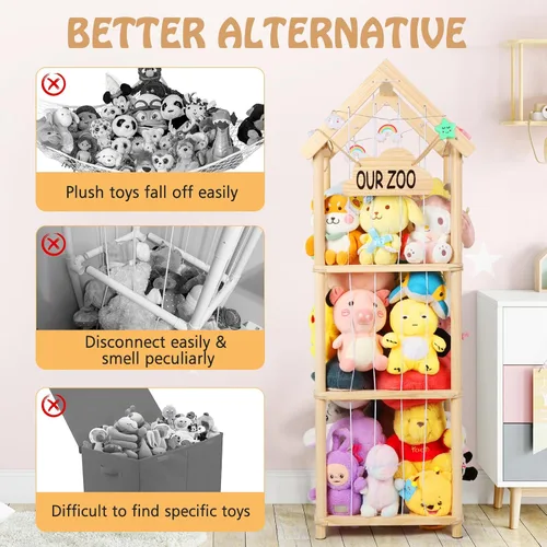 Vista 4 de Organizador de juguetes de peluche de madera de zoológico de 53 pulgadas, organizador de juguetes de peluche con anclajes antipunta, organizador