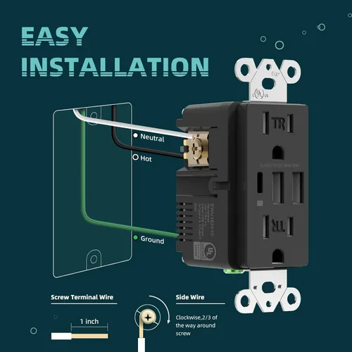 Vista 6 de TOPELER Toma de pared USB C negra, toma eléctrica de carga rápida de 30W 6.0Amp con 3 puertos USB (1*Tipo C y 2*Tipo A), receptáculo resistente a