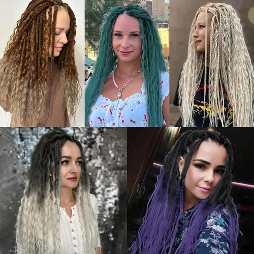 Vista 6 de Extensiones de rastas trenzadas bohemias de 24 pulgadas, 10 hebras de rastas sintéticas rizadas color marrón degradado con trenza de caja, rastas