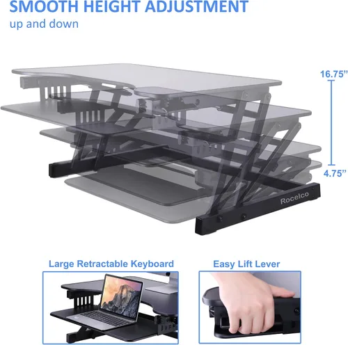 Vista 4 de Rocelco - Convertidor de escritorio para trabajar de pie con altura ajustable de 32 pulgadas - Bandeja retráctil deslizable - Elevador de monitor