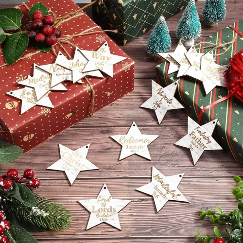 Vista 4 de Landhoow 24 piezas de adornos navideños con nombres de Jesucristo, adornos colgantes de madera con los nombres del salvador, adorno para árbol