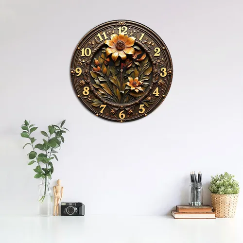 Vista 3 de Reloj de pared de madera de flor ornamentada de bronce con detalle grabado en relieve 9.8x9.8 in