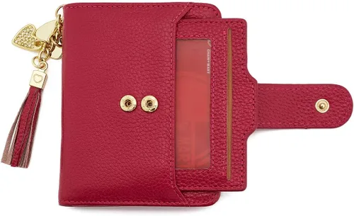 Vista 4 de Mini cartera plegable de cuero suave con protección RFID, para mujer, con funda para tarjeta, con ventana de identificación, monedero