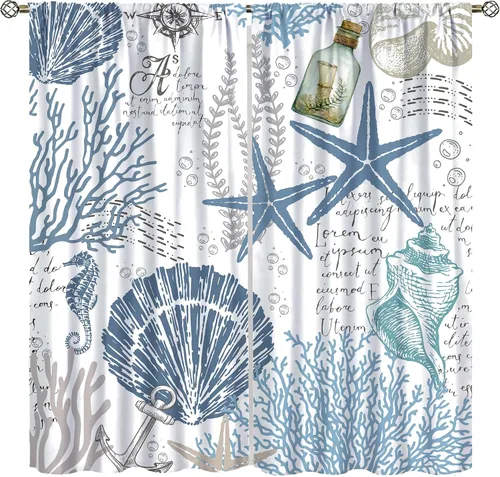 Vista 11 de Cortinas de decoración de playa con océano azul, peces náuticos costeros playeros de verano, conchas marinas, temática infantil, dormitorio, sala