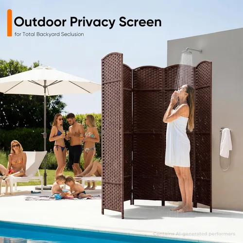 Vista 8 de 6 Panel Woven Room Divider, 69" Folding Privacy Screen, Brown Marrón