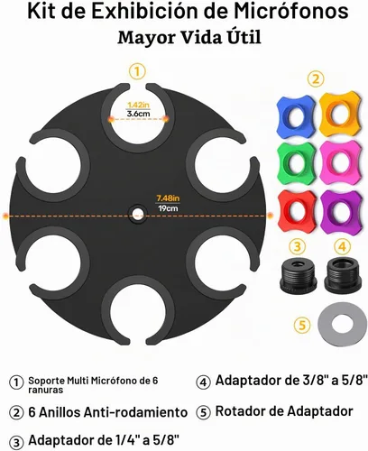 Vista 8 de Soporte para múltiples micrófonos de hasta 6 micrófonos (acolchado de aluminio/goma) para micrófonos dinámicos, con cable e inalámbricos