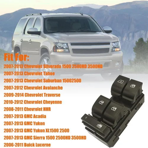 Vista 2 de 20945129 Botón de interruptor maestro de control de ventana del lado del conductor Compatible con 2007-2013 Chevy Silverado 1500/2500 HD/3500 HD/GMC