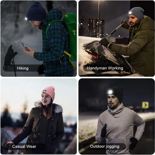 Vista 4 de Gorro LED con Luz, Gorro con Linterna de 4 LED Unisex Recargable por USB, Manos Libres, Gorro de Invierno de punto con Luz Nocturna, Linterna