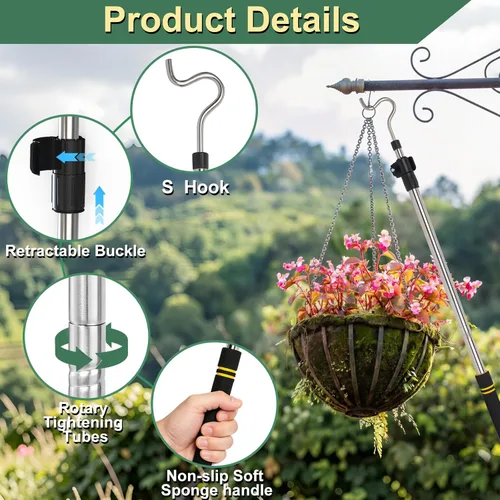 Vista 10 de Percha de armario resistente que llega al poste, poste telescópico en S de 36 a 65 pulgadas para plantas, tubo de acero inoxidable, resistente