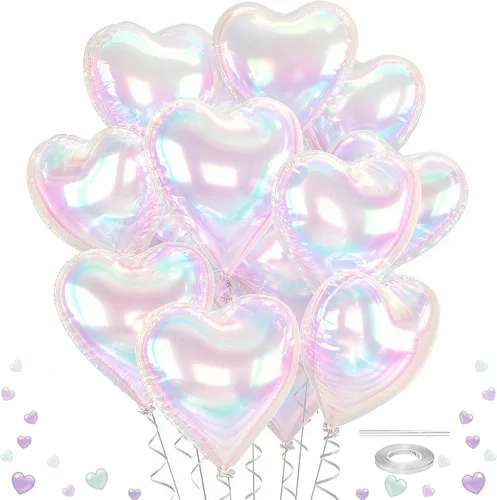 Vista 18 de Globos de corazón morado, 12 globos de aluminio iridiscentes de 18 pulgadas Púrpura iridiscente