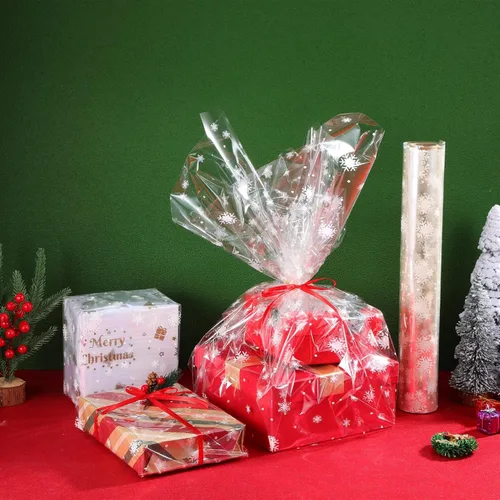 Vista 5 de TOYANDONA Rollo de papel de embalaje de celofán transparente de copo de nieve blanco de 3 m80 cm para ramo de flores de Navidad, cesta de embalaje