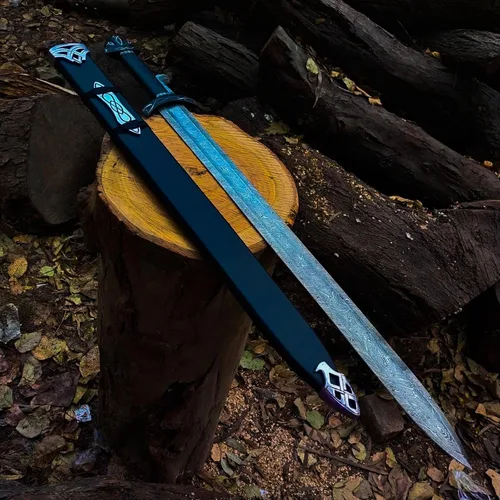 Vista 6 de Espada vikinga de acero de Damasco con vaina de cuero, espada coleccionable medieval del norte nórdico Espada larga LARP y cosplay hecha a mano