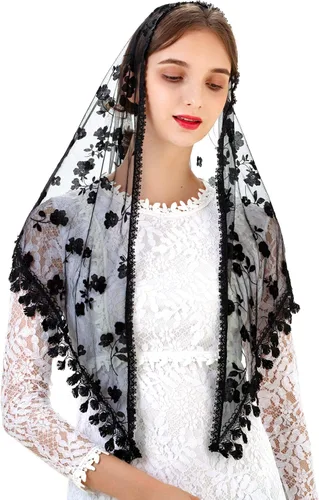Vista 15 de Velo de Encaje Triangular Mantilla Catedral de PAMOR para Cubierta de Cabeza, Velo de Capilla para Misa, Novias, Damas de Honor beige y negro