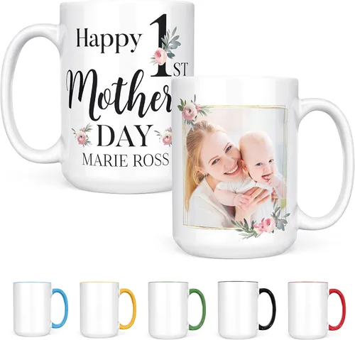 Vista 13 de Regalos para el primer día de la madre, taza de café personalizada con foto y nombre, 11 o 15 onzas, 10 opciones de color, taza personalizada