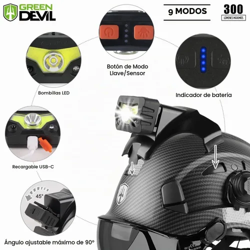 Vista 4 de Casco de seguridad con visera GREEN DEVIL con orejeras Bluetooth y faro 5 en 1 Protección completa Cascos de Construcción con ventilación Hardhat
