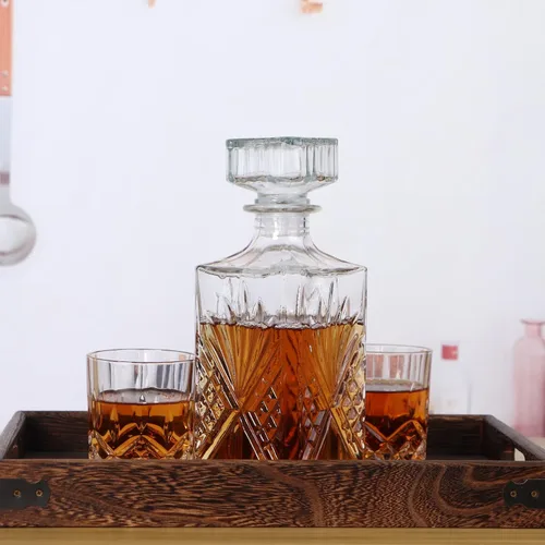 Vista 7 de MDLUU Decantador de vidrio con tapón hermético, botella de licor de 25.3 onzas líquidas para vino, whisky, brandy, vodka (flor grabada)