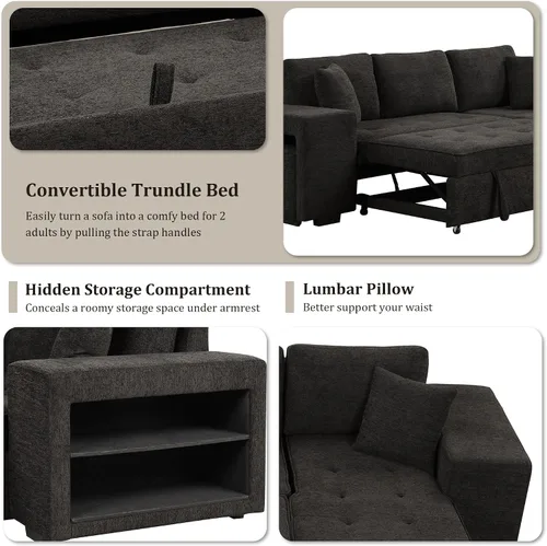 Vista 7 de Sofá modular en forma de L de 104 pulgadas con sofá cama extraíble, diván de almacenamiento y 2 almohadas, 2 taburetes, sofá reversible de felpilla