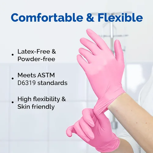 Vista 3 de JMU Guantes de Nitrilo Rosa, No Estériles, Guantes de Examen Desechables Sin Látex para Médico Esteticista, XS/S/M/L/XL, 200-4000