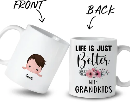 Vista 2 de Gossby Taza personalizada Life is Better With GrandKIDS (1 niño), taza personalizada de regalo para abuelos con avatares de nietos, nombres, 11