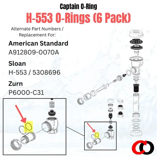 Vista 2 de Captain O-Ring Repuesto H-553/5308696 / P6000-C31 / A912809-0070A Anillos tóricos para Zurn, Sloan, Royal/Regal, American Standard Válvula