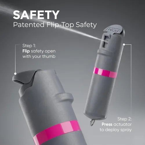 Vista 6 de POM Pepper Spray Keychain, Quick Key Release for Instant Access, Flip Top Safety, Maximum Strength OC Formula with UV Marking Dye, 25 Bursts, 10 ft