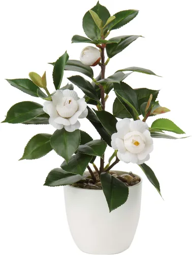 Vista 12 de Briful Plantas artificiales en maceta de camelia, pequeñas plantas de plástico sintético, plantas de escritorio, flores artificiales con jarrón