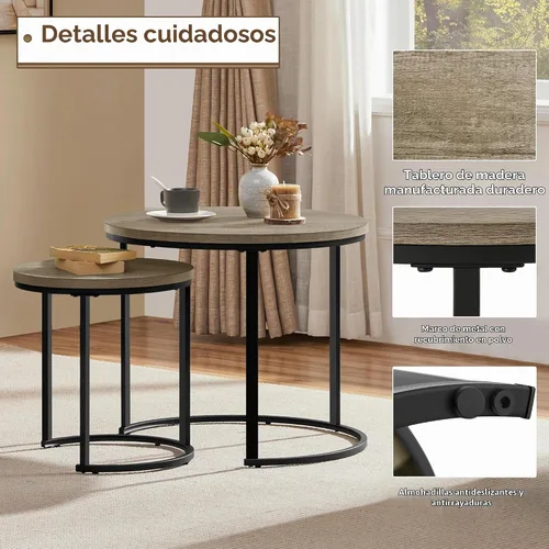 Vista 4 de Yaheetech Juego de 2 mesas auxiliares anidables, mesas auxiliares apilables rústicas, juego de mesa auxiliar anidable con mesa redonda de madera