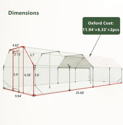 Vista 3 de Jaula de metal galvanizado grande de 9.94 x 25.68 pies con techo inclinado y puertas con cerradura, gallinero con techo inclinado y puertas