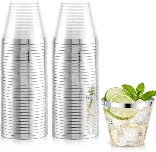 Vista 14 de Hioasis 100 vasos de plástico transparente de 9 onzas con ribete dorado, vasos desechables de plástico, resistentes y sin BPA para fiestas, bodas