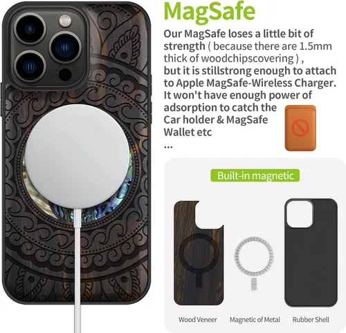 Vista 5 de Carveit Funda protectora de madera de diseñador para iPhone 13 Pro, grabado de madera e incrustaciones de concha, compatible con 13 Pro MagSafe