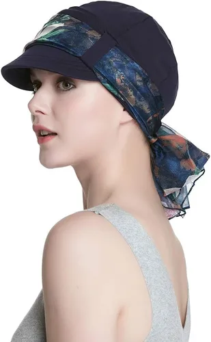 Vista 14 de Alnorm Juego de gorro y pañuelo de algodón transpirable para quimioterapia para mujeres Negro Rosado