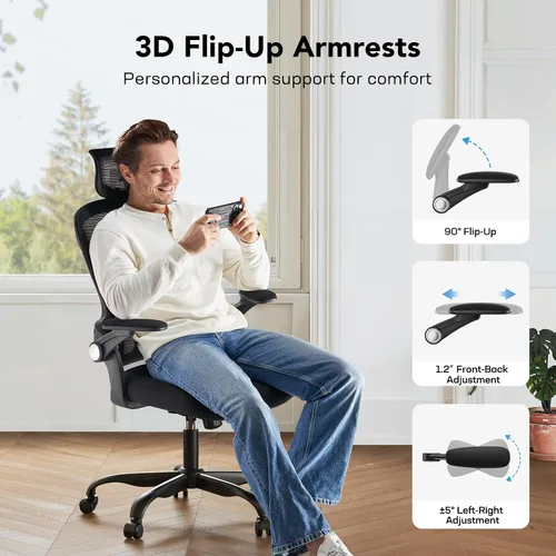 Vista 3 de HUANUO HNOC13 - Silla de oficina ergonómica, silla de escritorio de respaldo alto con soporte lumbar hacia arriba y abajo, reposabrazos abatibles