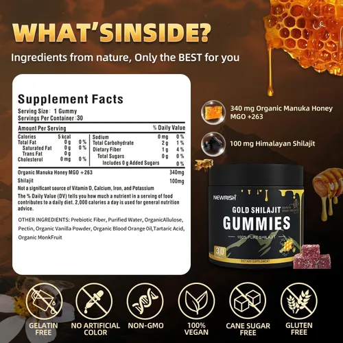 Vista 2 de Shilajit - Gomitas para mujer, palitos de miel Shilajit, gomitas Shilajit, ácido fúlvico y más de 85 minerales traza I para hombres, mujeres I sin