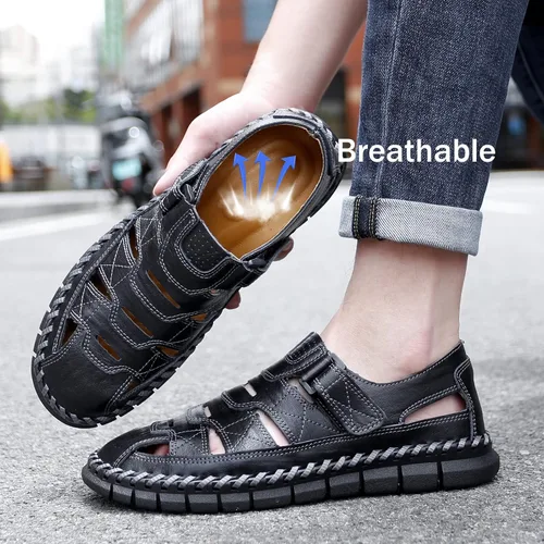Vista 6 de MAIZUN Sandalias de cuero para hombre con puntera cerrada, zapatos de pescador de playa, sandalias deportivas de verano al aire libre