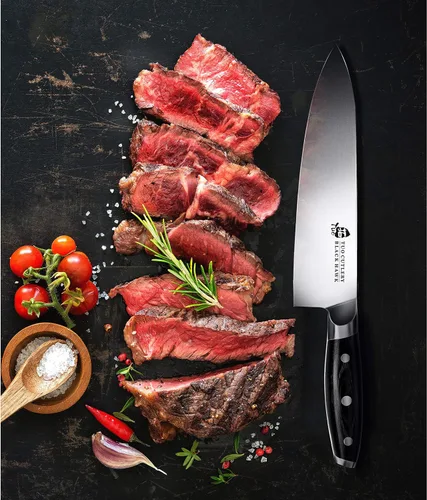Vista 2 de TUO - Cuchillo de chef de 8 pulgadas - Cuchillo de cocina profesional, de acero alemán de alto carbono - Mango de madera de Pakka de espiga completa