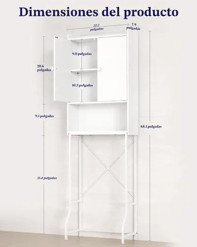 Vista 2 de Kitsure 68.1"H Over Toilet Storage Cabinet, Magnetic Door, Adjustable Shelf Blanco
