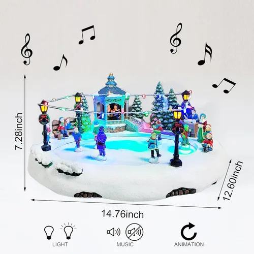 Vista 2 de MOMENTS IN TIME Escultura animada de estanque de patinaje de 18.5 cm de alto, aldea navideña con patinadores en movimiento, luces y música LED